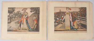 ENGLISH SCHOOL (EARLY 19TH CENTURY) 'Gardening' and 'Angling' pair of mezzotints heightened with