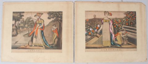 ENGLISH SCHOOL (EARLY 19TH CENTURY) 'Gardening' and 'Angling' pair of mezzotints heightened with