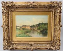 MAURICE LÉVIS (1860-1940) French village on a river oil on board signed labels verso 18 x 28cm