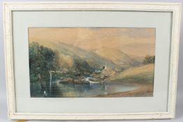 BRITISH SCHOOL (19TH CENTURY) Mountain landscape with cottages on a river bank watercolour 31 x