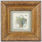 CONTINENTAL SCHOOL Basket of flowers coloured engraving signed indistinctly 10 x 10cm image