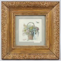 CONTINENTAL SCHOOL Basket of flowers coloured engraving signed indistinctly 10 x 10cm image