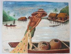 ISIUWE CYRIL Fisherman hauling in his net pigment on glass paper signed and dated 2003 (or 5?)