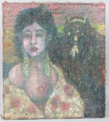 SPANISH SCHOOL (20TH CENTURY) Portrait of a semi naked woman with horse behind oil on canvas