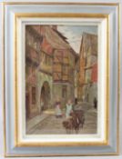 W GILES Continental street scene with girl and dog cart oil on board signed 37 x 25cm