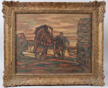 20TH CENTURY SCHOOL Farmer leading a horse oil on canvas signed indistinctly 37 x 47cm