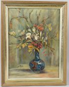 BRITISH SCHOOL (20TH CENTURY) 'Freesias in a cloisonne vase' oil on board signed indistinctly