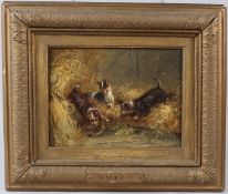 THOMAS SMYTHE (1825-1906) Three terriers after a rat in a barn oil on canvas signed 16 x 21.5cm