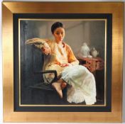 DONGSHENG ZHANG 'Red Pomergranate' oil on canvas signed and dated 2004 inscribed verso 77 x 76cm