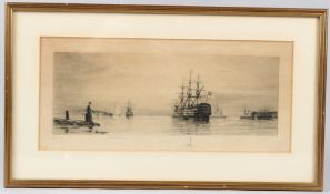 W LEWIS TURNER Portsmouth harbour with HMS Victory etching signed in pencil, dated 1915 in the print