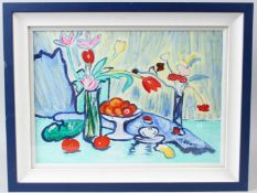 MANNER OF S J PEPLOE Still life with flowers and fruit acrylic on card Glasgow framers label verso
