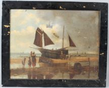 19TH CENTURY SCHOOL Beached fishing boat being unloaded oil on canvas (a/f) 37 x 47cm