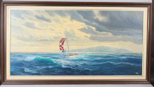 DENIS JOHN HARDY (1940-2007) Seascape with yacht off a coastline oil on canvas signed 63 x 121cm