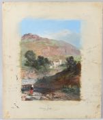 CIRCLE OF GEORGE TURNER 'Ashway Gap' lady crossing stepping stones oil sketch on board with artist's