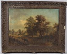 ENGLISH SCHOOL (19TH CENTURY) Landscape with grazing cattle and distant church tower oil on canvas