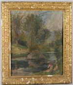 ENGLISH SCHOOL (EARLY 20TH CENTURY) Landscape with figures by a lake oil on board signed