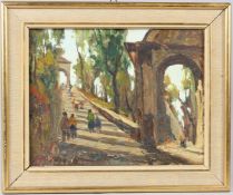 PINO PESSINA DA CASTENEDO (1911-1991) Figures mounting steps oil on canvas signed 23 x 29cm