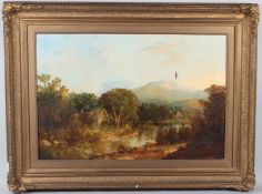BRITISH SCHOOL (19TH CENTURY) Cottages on a riverbank with mountains beyond oil on canvas (a/f) 49.5