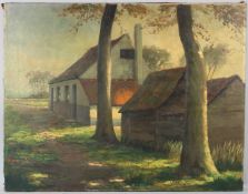 MIEL VERRECAS View of a barn through trees oil on canvas signed unframed 67.5 x 86cm