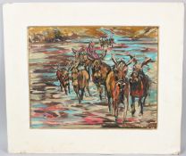 MIDDLE EASTERN SCHOOL Herdsman and donkeys crossing a river oil on on card signed indistinctly