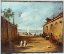FOLLOWER OF FRANCESCO GUARDI (1712-1793) Capriccio shore scene with boats and figures oil on