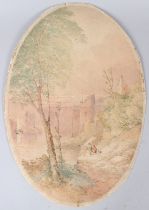WILLIAM CLARK View of a castle amongst trees watercolour signed with initials unframed oval 46 x