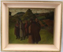 BRITISH SCHOOL (20TH CENTURY) Group of surveyors in a landscape oil on board 38 x 48cm