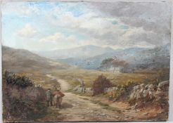 CHARLES JAMES ADAMS (1859-1931) Man and donkey on a country path oil on canvas signed unframed 25