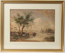 CIRCLE OF JOHN VARLEY View of a church and tower from a riverbank watercolour 23.5 x 32cm