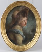 19TH CENTURY SCHOOL Portrait of a young woman in a hat pastel oval 24 x 19cm