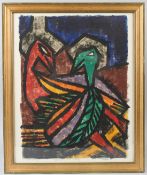 BAYO OGUNDELE (b.1949) 'Birds at Play' oil on paper siged, inscribed and dated '83 61.5 x 38.5cm