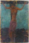 20TH CENTURY SCHOOL Crucifixion scene oil on panel signed indistinctly unframed 65.5 x 44.5cm