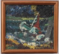 MODERN BRITISH SCHOOL Figure and small boat in a storm oil on board 55 x 46cm