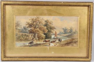 HENRY EARP (19TH CENTURY) Cattle on a riverbank watercolour signed 17 x 35cm