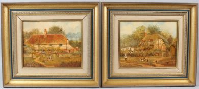 TEMPLE (20TH CENTURY) 'Monday Afternoon' and 'Tea on the Grass' cottage views pair of oils on canvas