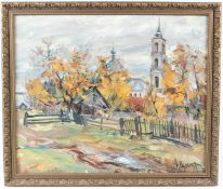 ALEXANDER KUZNETSOV (20TH CENTURY) Autumn scene with trees and bell tower oil on canvas signed 49
