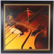 THEO LEERING (CONTEMPORARY) Woman balancing on violin strings oil on canvas signed 79 x 79cm