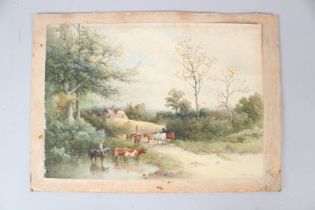 STEPHEN J. BOWERS (c.1874-1892) Landscape with cattle on a track watercolour signed unframed 28.5
