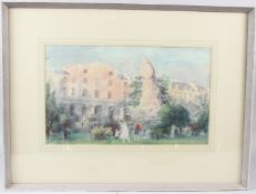 GEORGE WEISSBORT (1928-2013) View of terraced buildings with figures and statue in a garden