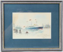 FRANK HENRY MASON 'HMY Britannia passing Thro' Limehouse Reach June 1954' watercolour signed with