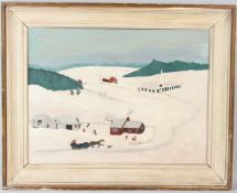 AMERICAN NAIVE SCHOOL Winter landscape with church and homesteads oil on board 45.5 x 61cm
