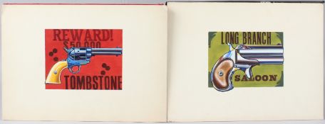 BRIAN BURRELL (20TH CENTURY) Two handguns Colt 45 and Derenger two gouache illustrations unframed