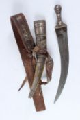 A FINE 19TH CENTURY ARAB SAUDI SILVER MOUNTED WAHABI JAMBIYA DAGGER with original belt. Dagger 46cms