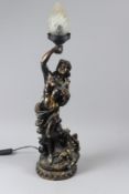 A DECORATIVE TABLE LAMP, modelled as a female figure holding aloft a flaming torch. 73cms high.