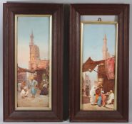 O. PILNY, A PAIR OF ORIENTALIST PRINTS, depicting Arab Street scenes with figures, in moulded oak