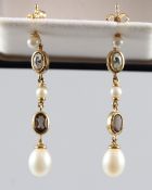 A PAIR OF 18CT YELLOW GOLD, PEARL, CITRINE AND SMOKY QUARTZ DROP EARRINGS.