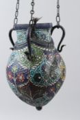 A VERY FINE AND UNUSUAL 19TH CENTURY INDIAN KASHMIRI ENAMELLED COPPER HANGING MOSQUE LAMP. Body