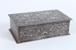 A FINE 19TH CENTURY INDIAN SIALKOT KOFTGARI SILVER AND GOLD INLAID IRON BOX. 18cms long x 10cms