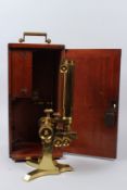 JOHN BROWNING, LONDON, A 19TH CENTURY BRASS BINOCULAR MICROSCOPE, No. 367, in a fitted mahogany case