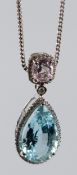 AN 18CT WHITE GOLD, DIAMOND AND PEAR SHAPE AQUAMARINE PENDANT WITH MORGANITE, aquamarine approx.